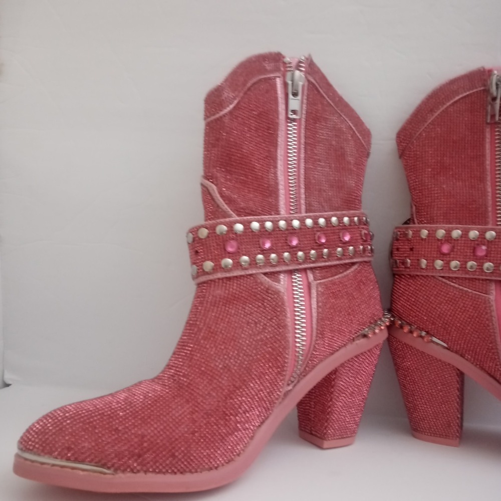 Dolls Kill sz 10M Pink Sharp Sheriff Shine Cowboy Boots ankle bootie Rhinestones - Picture 4 of 13